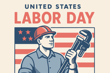 Retro riso style vintage illustration of worker holding wrench in front of American flag for Labor Day celebration