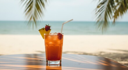 A refreshing tropical cocktail on a sunny beach, palm trees. The image captures the essence of summer and relaxation