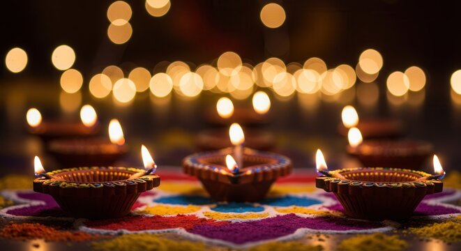 Decorated Diya on Vibrant Rangoli Mandala – Colorful Diwali Festival of Lights Celebration