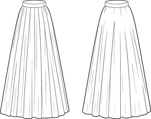 Long skirt technical fashion sketch, flat vector illustration, pleated and gathered styles, apparel design template, CAD drawing, garment silhouette