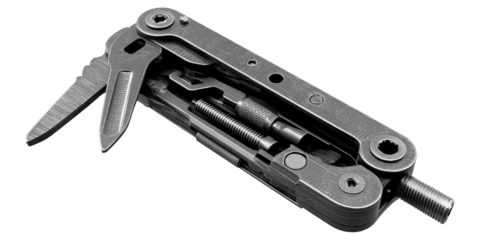 Multi-tool, dark gray metal,  open,  detailed view.  Features various blades, tools