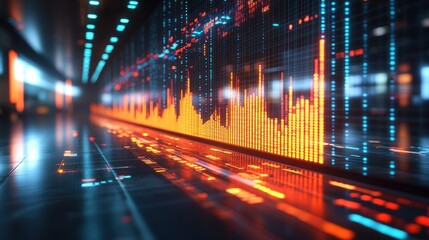 Futuristic hallway with vibrant financial data wall