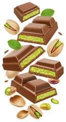 Milk chocolate bars filled with green pistachio cream surrounded by pistachio nuts and leaves, perfect for dessert and snack promotions