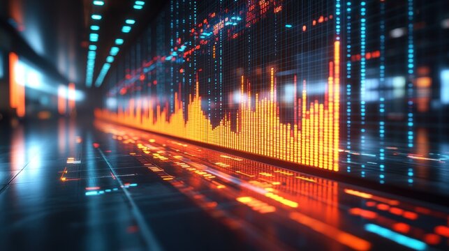 Futuristic hallway with vibrant financial data wall
