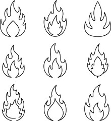 Fire flame icon set vector outline simple black line art design collection