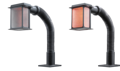 Two industrial-style flexible-arm lamps with square housings, one amber, one reddish-orange