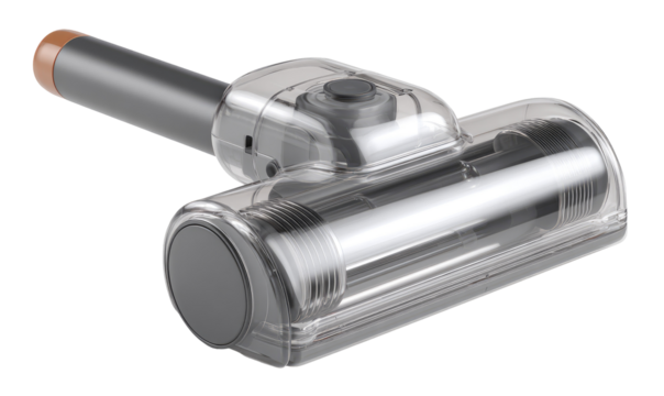 Transparent vacuum attachment,  angled view, showing internal components.  Clear plastic housing surrounds metal parts;  a grey/silver colored  handle connects