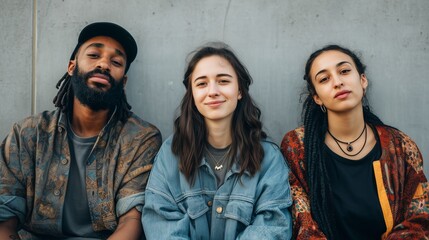 Portrait of diverse young friends sitting outdoors together