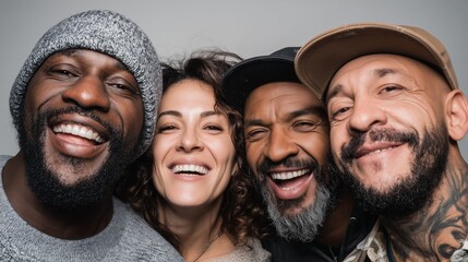 Portrait of diverse adult friends smiling together close up