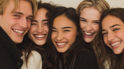 Fototapeta premium Group of Happy Young Friends Smiling Together Indoors