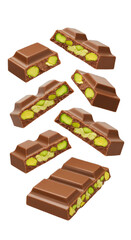 Chocolate bars with pistachio nuts, isolated on white background, sweet snack for dessert and gift ideas