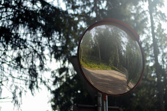 A round convex mirror reflects a quiet dirt road surrounded by tall trees and lush forest vegetation in natural daylight. - Powered by Adobe