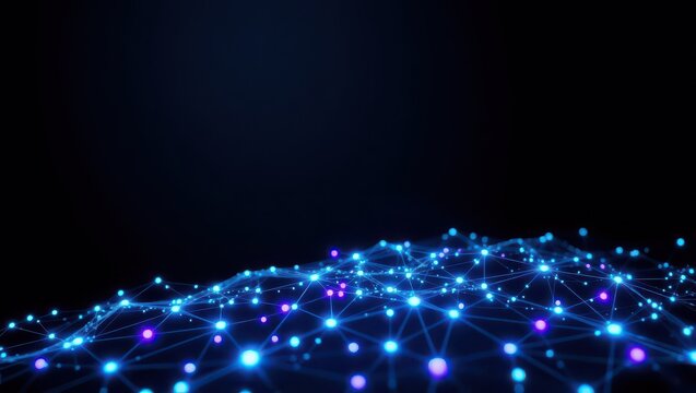 Dynamic network connecting nodes with vibrant blue and purple glow for innovative technology solutions