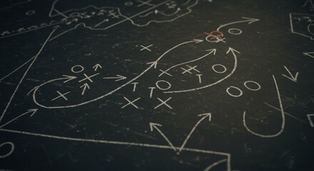 American Football Play Diagram on Chalkboard with X's and O's Strategy