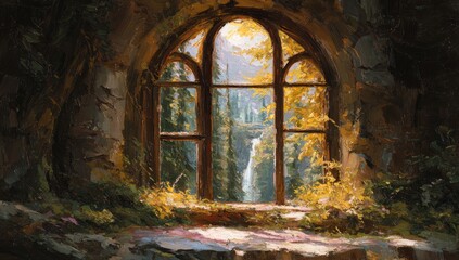 Fototapeta premium and keyword list based on the image, designed to be concise and relevantWindow Frames Waterfall View Rustic Cottage Retreat.