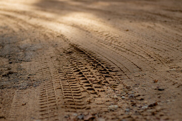 Close-up of fresh tire imprints with intricate tread patterns on a sandy, sunlit dirt road in a quiet natural setting.
