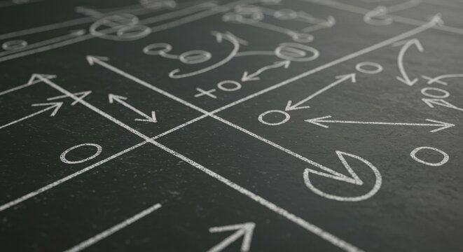 Tactical Playbook Diagram on Dark Surface with Strategy Lines and Arrows - Powered by Adobe