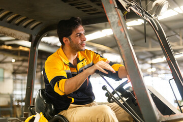 Factory worker operating a forklift inside an industrial warehouse without wearing a safety helmet, illustrating risky behavior, lack of compliance, and workplace safety in logistics operations.