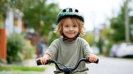 Naklejka premium A young boy with light brown hair rides his bicycle with a helmet, smiling at the camera in a friendly neighborhood setting.