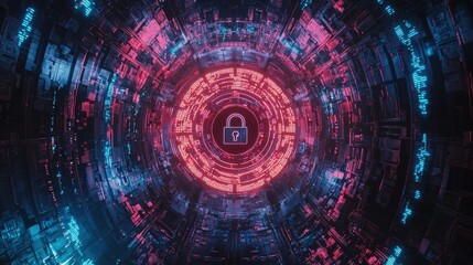 Fototapeta premium Circular digital security lock graphic in a futuristic tunnel.
