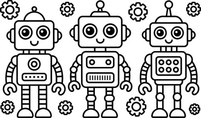 Naklejka premium Adorable cartoon robots, black and white line art, friendly, playful mood, children's illustration.
