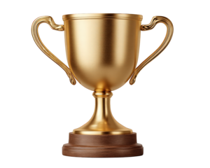 Gold trophy cup shiny metallic award wooden base classic design symbol of achievement success victory celebration competition isolated on transparency background