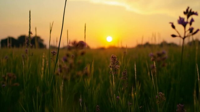 field with green grass and wild flowers at sunset