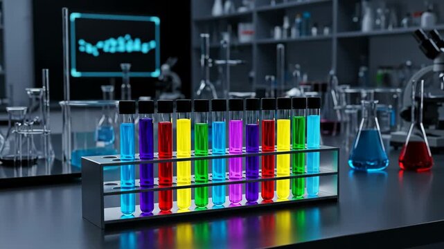 Colorful Test Tubes in Modern Laboratory - A rack of colorful test tubes sits on a lab bench, surrounded by various scientific equipment including beakers, flasks, and a microscope.