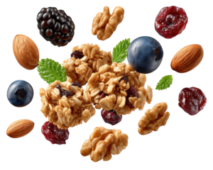 Granola almond walnut blueberry blackberry cranberry and mint leaf create vibrant healthy snack mix with natural fresh and appetizing appearance perfect for breakfast or energy boost