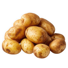 A pile of fresh whole raw yukon gold potatoes with golden yellow skin and earthy texture isolated on transparent background