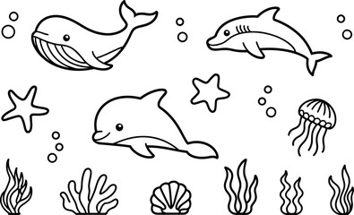 Naklejka premium Cute Cartoon Ocean Animals: Whale, Dolphins, Starfish, Seaweed, Shell, Jellyfish