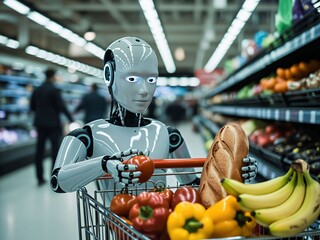 Household service robot shopping for groceries at the supermarket. Humanoid android robot. Artificial intelligence manages the household. Artificial general intelligence. AGI. Generative AI