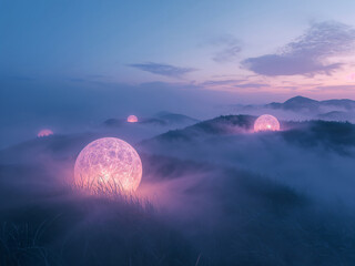 Glowing pink spheres emerge from misty hills at twilight purple