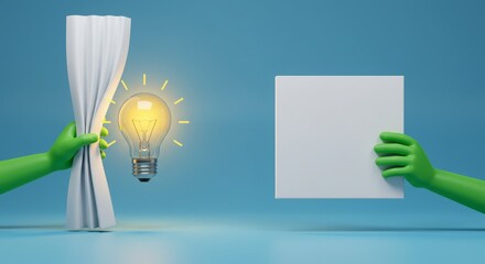 Two green hands on a serene blue background, one lifting a curtain to reveal a glowing light bulb while the other holds an empty canvas, symbolizing creativity, inspiration, and new ideas.