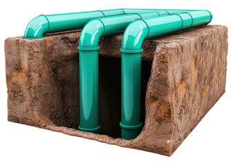 Underground green pipes in soil cross section for water or sewage system