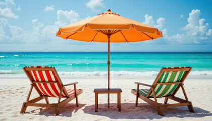 Relaxing beach chairs under an orange umbrella tropical shoreline photography sunny day serene viewpoint