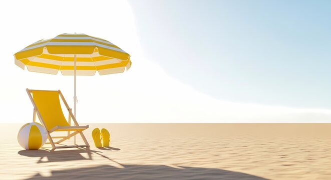 Beach scene with umbrella chair ball and flip flops
