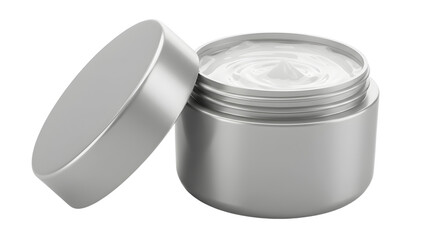 Open silver jar of white cream or lotion with lid, isolated on white background, perfect for skincare and beauty product presentations