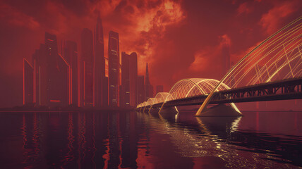 Futuristic cityscape with bridge over water reflecting lights under a dramatic red cloudy sky at dusk