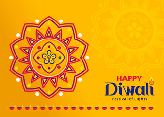 Diwali Greeting Card Template with Rangoli and Diya Lamps – Festival of Lights Illustration