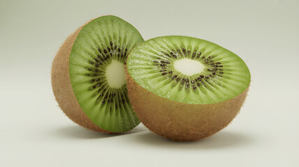 A close up of a kiwi fruit cut in half showing the green flesh and black seeds on a white background