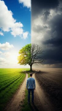 A man at a crossroads faces a choice between a vibrant, sunny path and a dark, barren one, a powerful metaphor for life decisions, destiny, and the concept of choosing a future