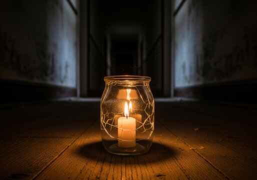 Flickering Candle in a Glass Jar Placed in the Middle of a Dark Hallway Creating a Halloween Atmosphere - Powered by Adobe