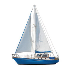 A classic blue sailboat with white sails is depicted in a detailed illustration isolated on transparent background