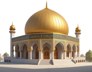 Front View of a Traditional Islamic Dome with Decorative Arabic Script, White Background