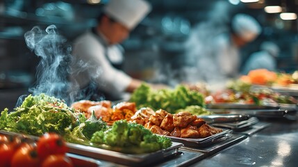 Obraz premium Bright, modern corporate cafeteria buffet line, with a fresh, crisp salad bar in the foreground and steam rising from hot food in stainless steel chafing dishes.