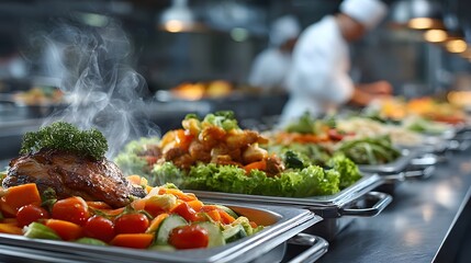 Bright, modern corporate cafeteria buffet line, with a fresh, crisp salad bar in the foreground and steam rising from hot food in stainless steel chafing dishes.