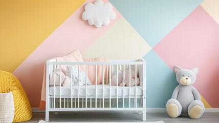 Bright nursery with colorful walls and a cozy crib filled with plush toys and cushions