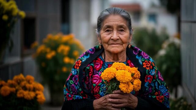 A portrait of an elderly Mexican woman in a traditional embroidered blouse holding a bouquet of marigolds during the Day of the Dead, symbolizing wisdom and cultural continuity