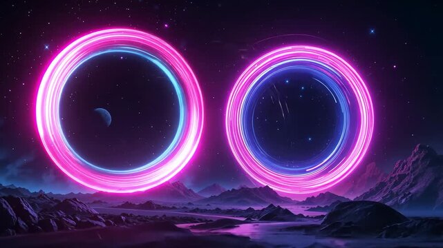 Vibrant neon portal opening above alien landscape, promising interdimensional travel possibilities